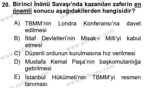 Atatürk İlkeleri Ve İnkılap Tarihi 1 Dersi 2018 - 2019 Yılı (Final) Dönem Sonu Sınavı 20. Soru