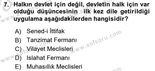 Atatürk İlkeleri Ve İnkılap Tarihi 1 Dersi 2019 - 2020 Yılı (Vize) Ara Sınavı 7. Soru