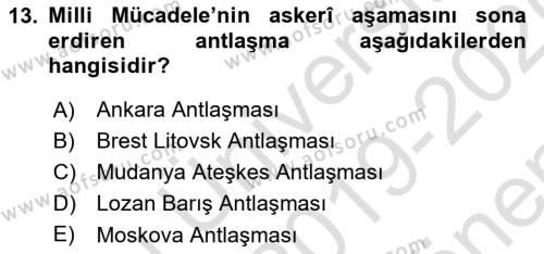 Atatürk İlkeleri Ve İnkılap Tarihi 1 Dersi 2019 - 2020 Yılı (Final) Dönem Sonu Sınavı 13. Soru