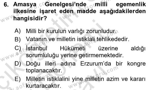 Atatürk İlkeleri Ve İnkılap Tarihi 1 Dersi 2019 - 2020 Yılı (Final) Dönem Sonu Sınavı 6. Soru