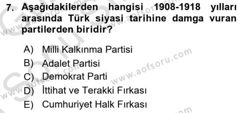 Atatürk İlkeleri Ve İnkılap Tarihi 1 Dersi 2019 - 2020 Yılı (Final) Dönem Sonu Sınavı 7. Soru