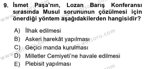 Atatürk İlkeleri Ve İnkılap Tarihi 1 Dersi 2019 - 2020 Yılı (Final) Dönem Sonu Sınavı 9. Soru