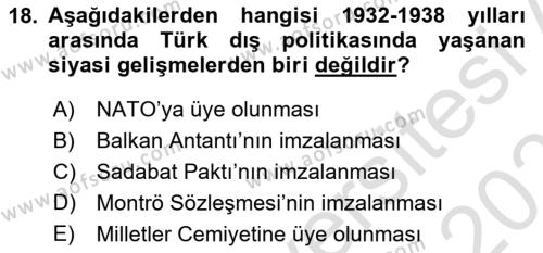 Atatürk İlkeleri Ve İnkılap Tarihi 1 Dersi 2020 - 2021 Yılı Yaz Okulu Sınavı 18. Soru