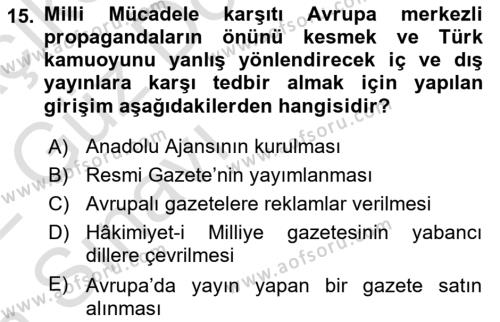 Atatürk İlkeleri Ve İnkılap Tarihi 1 Dersi 2021 - 2022 Yılı (Vize) Ara Sınavı 15. Soru