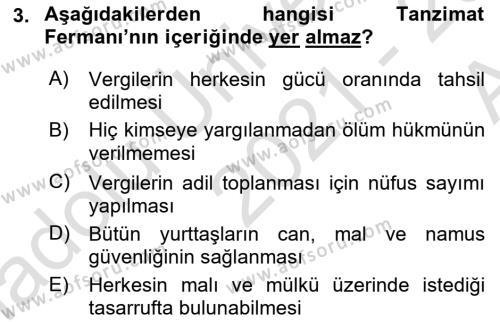 Atatürk İlkeleri Ve İnkılap Tarihi 1 Dersi 2021 - 2022 Yılı (Vize) Ara Sınavı 3. Soru