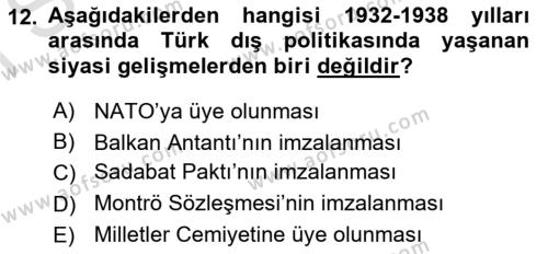 Atatürk İlkeleri Ve İnkılap Tarihi 1 Dersi 2021 - 2022 Yılı (Final) Dönem Sonu Sınavı 12. Soru