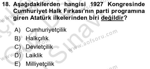 Atatürk İlkeleri Ve İnkılap Tarihi 1 Dersi 2021 - 2022 Yılı (Final) Dönem Sonu Sınavı 18. Soru
