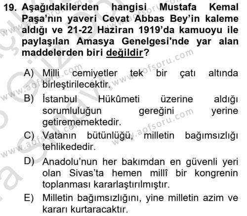 Atatürk İlkeleri Ve İnkılap Tarihi 1 Dersi 2022 - 2023 Yılı (Vize) Ara Sınavı 19. Soru