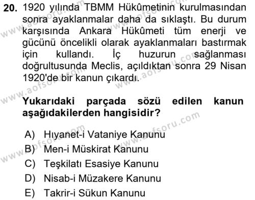 Atatürk İlkeleri Ve İnkılap Tarihi 1 Dersi 2022 - 2023 Yılı (Vize) Ara Sınavı 20. Soru