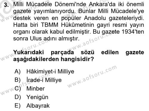 Atatürk İlkeleri Ve İnkılap Tarihi 1 Dersi 2022 - 2023 Yılı (Vize) Ara Sınavı 3. Soru