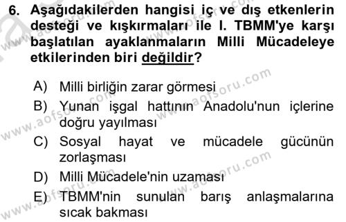 Atatürk İlkeleri Ve İnkılap Tarihi 1 Dersi 2022 - 2023 Yılı (Vize) Ara Sınavı 6. Soru