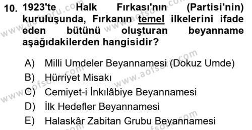 Atatürk İlkeleri Ve İnkılap Tarihi 1 Dersi 2022 - 2023 Yılı (Final) Dönem Sonu Sınavı 10. Soru