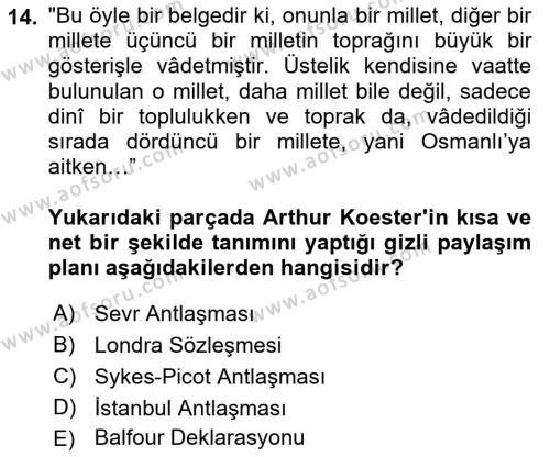 Atatürk İlkeleri Ve İnkılap Tarihi 1 Dersi 2022 - 2023 Yılı (Final) Dönem Sonu Sınavı 14. Soru