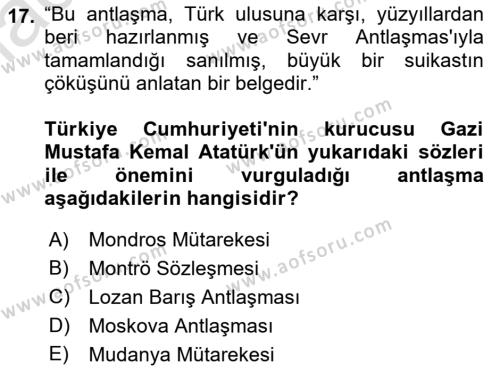 Atatürk İlkeleri Ve İnkılap Tarihi 1 Dersi 2022 - 2023 Yılı (Final) Dönem Sonu Sınavı 17. Soru