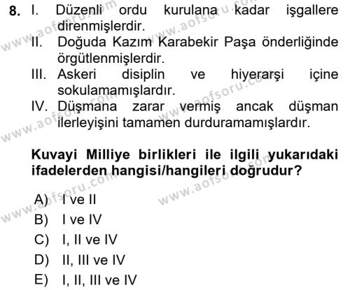 Atatürk İlkeleri Ve İnkılap Tarihi 1 Dersi 2022 - 2023 Yılı (Final) Dönem Sonu Sınavı 8. Soru