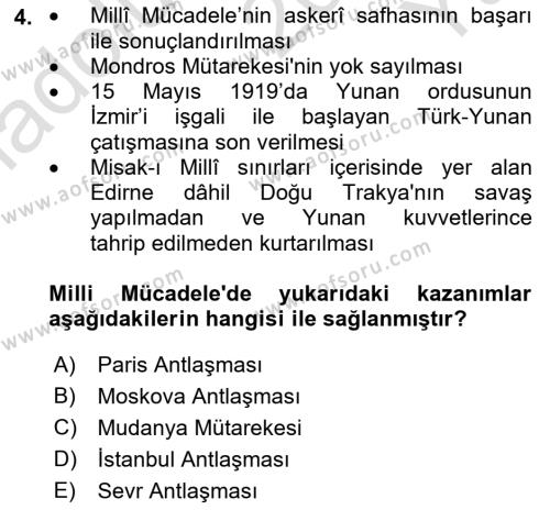 Atatürk İlkeleri Ve İnkılap Tarihi 1 Dersi 2022 - 2023 Yılı Yaz Okulu Sınavı 4. Soru