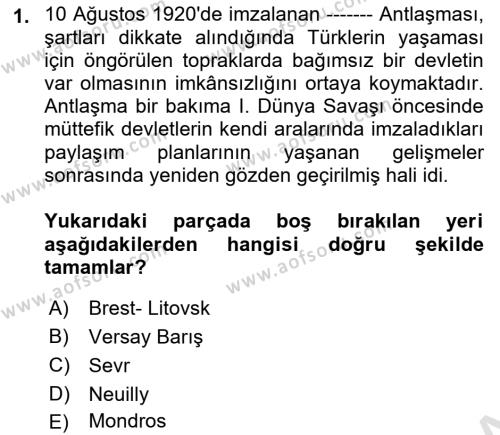 Atatürk İlkeleri Ve İnkılap Tarihi 1 Dersi 2023 - 2024 Yılı (Vize) Ara Sınavı 1. Soru