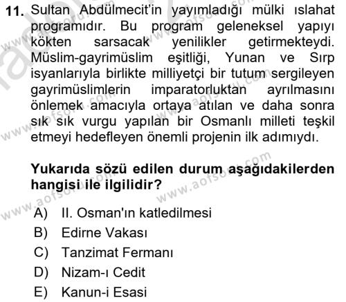 Atatürk İlkeleri Ve İnkılap Tarihi 1 Dersi 2023 - 2024 Yılı (Vize) Ara Sınavı 11. Soru
