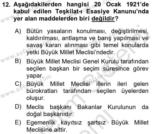 Atatürk İlkeleri Ve İnkılap Tarihi 1 Dersi 2023 - 2024 Yılı (Final) Dönem Sonu Sınavı 12. Soru