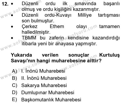 Atatürk İlkeleri Ve İnkılap Tarihi 1 Dersi 2023 - 2024 Yılı Yaz Okulu Sınavı 12. Soru