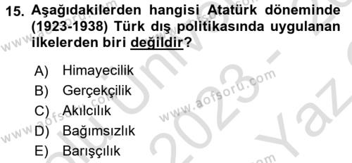 Atatürk İlkeleri Ve İnkılap Tarihi 1 Dersi 2023 - 2024 Yılı Yaz Okulu Sınavı 15. Soru