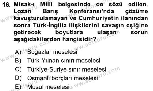 Atatürk İlkeleri Ve İnkılap Tarihi 1 Dersi 2023 - 2024 Yılı Yaz Okulu Sınavı 16. Soru