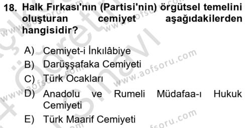 Atatürk İlkeleri Ve İnkılap Tarihi 1 Dersi 2023 - 2024 Yılı Yaz Okulu Sınavı 18. Soru