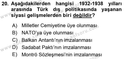 Atatürk İlkeleri Ve İnkılap Tarihi 1 Dersi 2023 - 2024 Yılı Yaz Okulu Sınavı 20. Soru