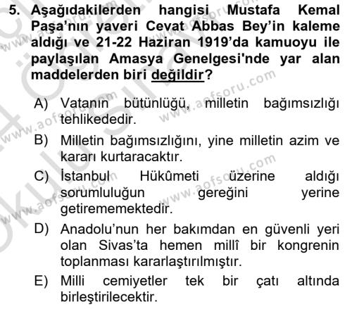 Atatürk İlkeleri Ve İnkılap Tarihi 1 Dersi 2023 - 2024 Yılı Yaz Okulu Sınavı 5. Soru