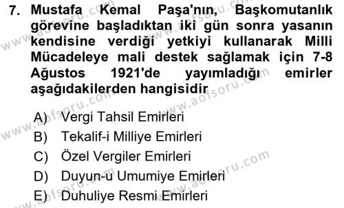 Atatürk İlkeleri Ve İnkılap Tarihi 1 Dersi 2023 - 2024 Yılı Yaz Okulu Sınavı 7. Soru