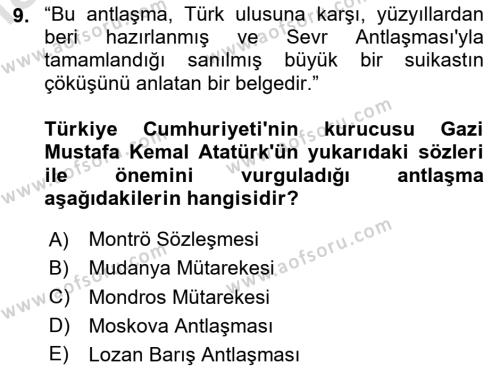 Atatürk İlkeleri Ve İnkılap Tarihi 1 Dersi 2023 - 2024 Yılı Yaz Okulu Sınavı 9. Soru