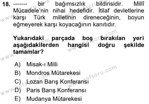 Atatürk İlkeleri Ve İnkılap Tarihi 1 Dersi 2024 - 2025 Yılı (Vize) Ara Sınavı 18. Soru