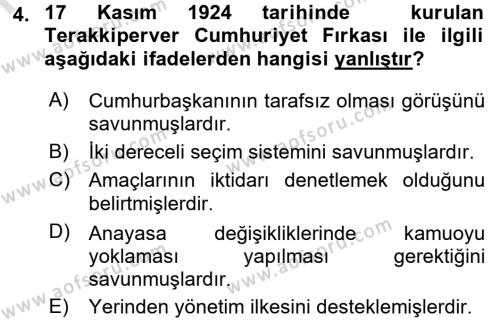 Atatürk İlkeleri Ve İnkılap Tarihi 2 Dersi 2016 - 2017 Yılı (Final) Dönem Sonu Sınavı 4. Soru
