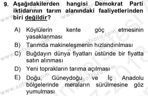 Atatürk İlkeleri Ve İnkılap Tarihi 2 Dersi 2017 - 2018 Yılı (Final) Dönem Sonu Sınavı 9. Soru