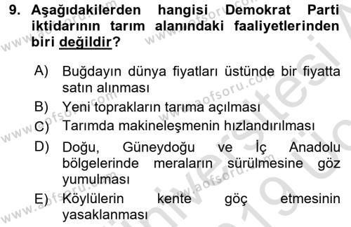 Atatürk İlkeleri Ve İnkılap Tarihi 2 Dersi 2018 - 2019 Yılı 3 Ders Sınavı 9. Soru