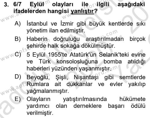 Atatürk İlkeleri Ve İnkılap Tarihi 2 Dersi 2020 - 2021 Yılı Yaz Okulu Sınavı 3. Soru