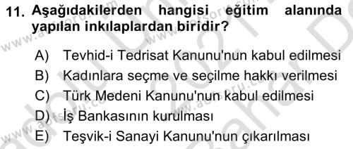 Atatürk İlkeleri Ve İnkılap Tarihi 2 Dersi 2021 - 2022 Yılı (Vize) Ara Sınavı 11. Soru