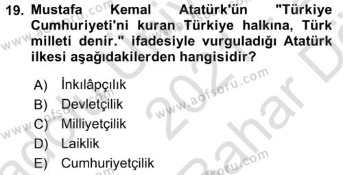 Atatürk İlkeleri Ve İnkılap Tarihi 2 Dersi 2021 - 2022 Yılı (Vize) Ara Sınavı 19. Soru