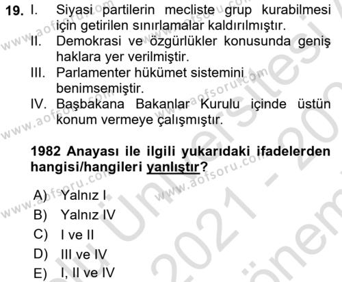 Atatürk İlkeleri Ve İnkılap Tarihi 2 Dersi 2021 - 2022 Yılı (Final) Dönem Sonu Sınavı 19. Soru