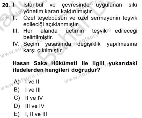 Atatürk İlkeleri Ve İnkılap Tarihi 2 Dersi 2021 - 2022 Yılı (Final) Dönem Sonu Sınavı 20. Soru