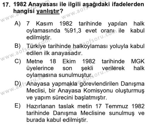 Atatürk İlkeleri Ve İnkılap Tarihi 2 Dersi 2021 - 2022 Yılı Yaz Okulu Sınavı 17. Soru