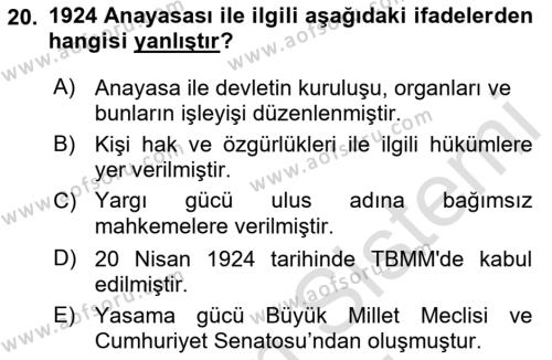 Atatürk İlkeleri Ve İnkılap Tarihi 2 Dersi 2022 - 2023 Yılı (Vize) Ara Sınavı 20. Soru
