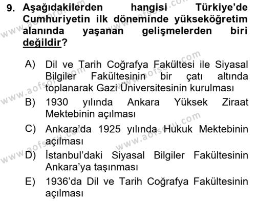 Atatürk İlkeleri Ve İnkılap Tarihi 2 Dersi 2022 - 2023 Yılı (Vize) Ara Sınavı 9. Soru
