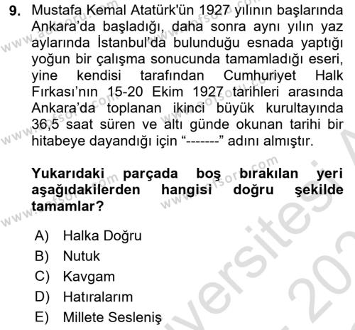 Atatürk İlkeleri Ve İnkılap Tarihi 2 Dersi 2022 - 2023 Yılı Yaz Okulu Sınavı 9. Soru