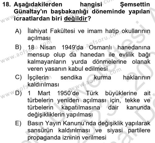 Atatürk İlkeleri Ve İnkılap Tarihi 2 Dersi 2023 - 2024 Yılı (Vize) Ara Sınavı 18. Soru