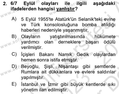 Atatürk İlkeleri Ve İnkılap Tarihi 2 Dersi 2023 - 2024 Yılı (Vize) Ara Sınavı 2. Soru