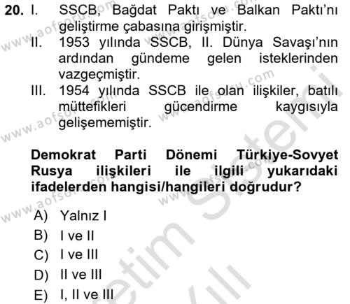 Atatürk İlkeleri Ve İnkılap Tarihi 2 Dersi 2023 - 2024 Yılı (Vize) Ara Sınavı 20. Soru