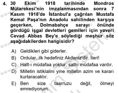 Atatürk İlkeleri Ve İnkılap Tarihi 2 Dersi 2023 - 2024 Yılı (Vize) Ara Sınavı 4. Soru