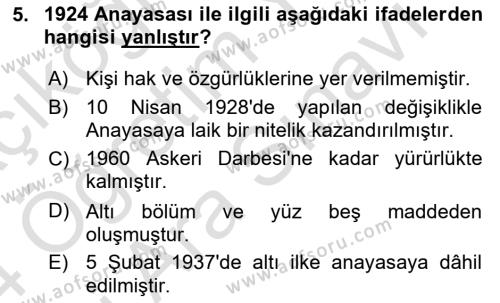 Atatürk İlkeleri Ve İnkılap Tarihi 2 Dersi 2023 - 2024 Yılı (Vize) Ara Sınavı 5. Soru