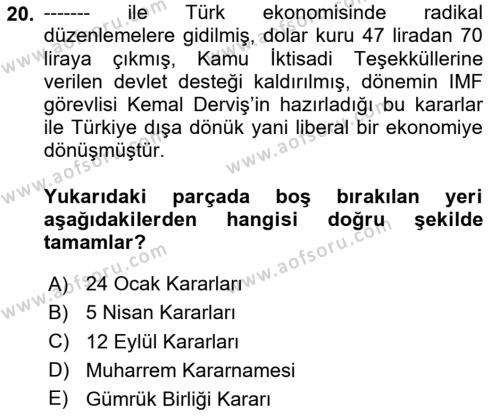 Atatürk İlkeleri Ve İnkılap Tarihi 2 Dersi 2023 - 2024 Yılı (Final) Dönem Sonu Sınavı 20. Soru